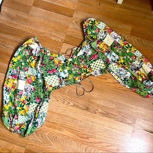 Patchwork Puff Sleeve Crop Top Blouse